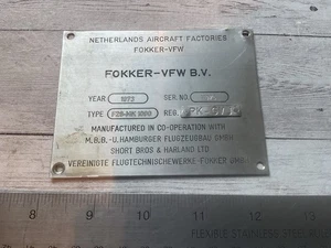 ORIGINAL 1973 FOKKER F28 MK1000 JET AIRCRAFT DATA SPEC NAME PLATE - Picture 1 of 2