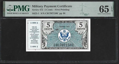 WW2-US Military Payment Certificate 5 Cents PMG 65 EPQ UNC Series 472 P#S821-1 - Image 1 of 4