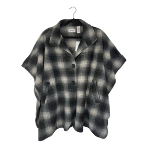 NWT Le Moda Fleece Gray Plaid Button Cape Wrap Poncho One Size Winter Fall - Picture 1 of 12