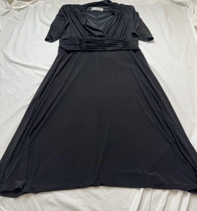 Evan Picone Dress Womens Large Black Ruched Waist V Neck Stretch Short Sleeve - Picture 1 of 7