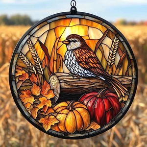 Vogel & Kürbis Herbst Buntglas Sonnenfänger Fensterbehang, Naturliebhaber Geschenk - Bild 1 von 5