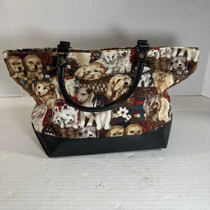 Dog Puppy In Basket Print All Over Purse Bag Tote w/ Leather Bottom & Handles  - Picture 1 of 10