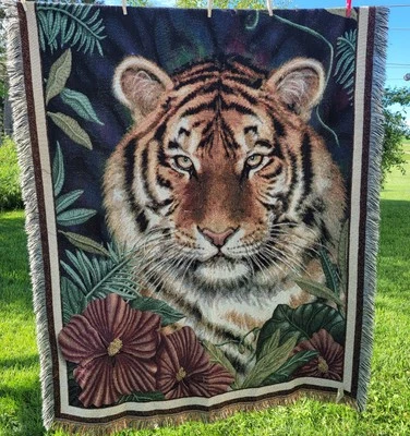 Tapiz acrílico gato selva tigre afgano manta floral aprox 65 x 53 pulgadas Foto 1 de 4