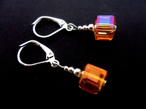 A PAIR DANGLY SILVER PLATED CUBE BEAD LEVERBACK EARRINGS. CHOICE OF COLOURS. - Picture 1 of 24