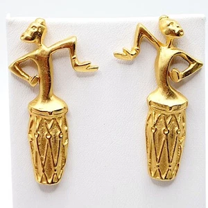 Vintage Tribal People Earrings Couture Ethnic African Satin Gold Tone Fashion - Picture 1 of 4