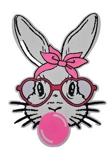 Easter Bunny Wearing Glasses Blowing Bubble Adult Iron-On Chenille & Sequins - Picture 1 of 2