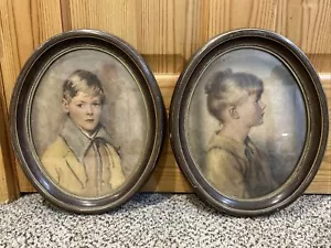 Paar Vintage gerahmte Kinder Kunstdrucke ovaler Rahmen mit Glas - Bild 1 von 9