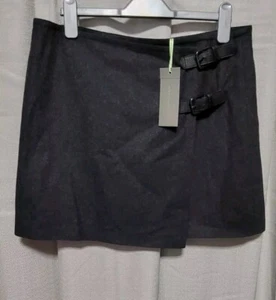 BNWT MINT VELVET Wool Blend Charcoal Kilt Wrap Skirt Leather Trim UK14 - Picture 1 of 4