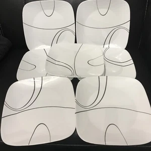 SET OF 7 CORELLE SIMPLE LINES SQUARE DINNER PLATES 10 ,5” BLACK LINE SHINY NICE - Picture 1 of 4