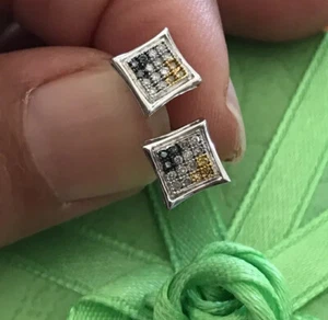 14k White gold Black White Diamonds Square Studs earrings 6x 6mm Fine Jewelry - Picture 1 of 11