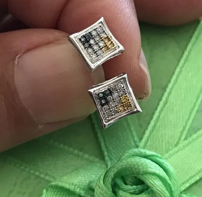Pendientes Cuadrados Oro Blanco 14k Diamantes Blancos Negros 6x 6mm Joyería Fina Foto 1 de 4