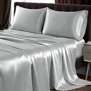 SiinvdaBZX 4Pcs Satin Sheet Set Queen Size Ultra Silky Soft Light Grey Satin - Picture 1 of 7