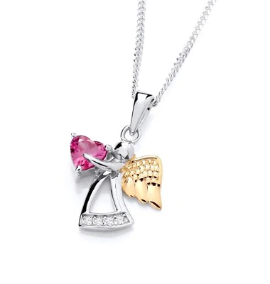 Sterling Silver & Yellow Gold simulated RUBY Angel Pendant Necklace 16 18 20" - Image 1 of 4