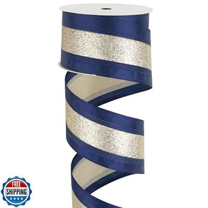 MAYREEL 2.5 Inch Navy Blue Wired Satin Ribbon Glitter Stripe for Christmas Tr - Picture 1 of 5