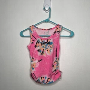 Justice Tie Dye Tank Top Girls Size Medium 10 Neon Pink Sleeveless Ruched Side - Picture 1 of 4
