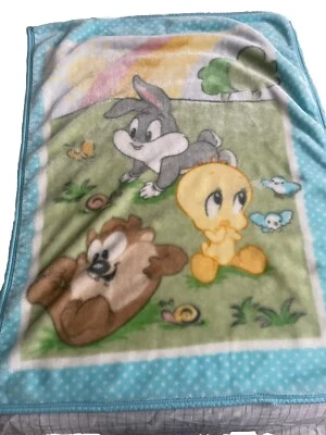 Vtg Y2K Looney Tunes Baby Blanket Tweety Bird Taz Bugs Plush Blue Rainbow Meadow - Image 1 of 4