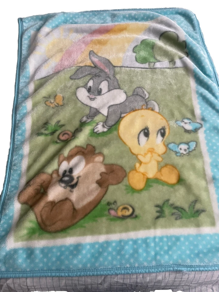 Vtg Y2K Looney Tunes Baby Blanket Tweety Bird Taz Bugs Plush Blue Rainbow Meadow - Image 1 of 4