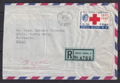 w1252/Hong Kong Capa Correio Aéreo Registrada t/Nepal 1964 com Cruz Vermelha Única - Imagem 1 de 2