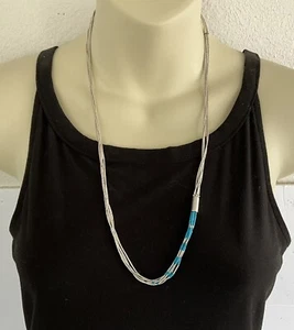 Vintage Native American Liquid Sterling Silver Turquoise Necklace 24” - Picture 1 of 4
