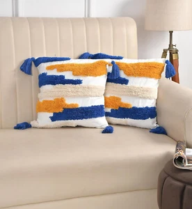 White Chic Boho Tassel Cotton Tufted Cushion Covers (Blue, Gold & Ivory Tufted), - Picture 1 of 5