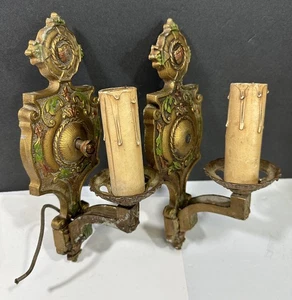 Antique Art Deco Polychrome Wall Sconces Lamp Light Fixtures 1920s Pair - Picture 1 of 6