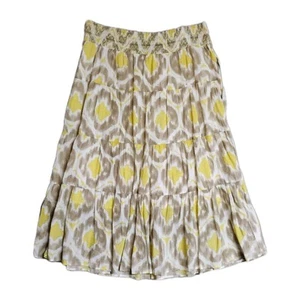 Old Navy gesmokter Bund Stufen Rüschen Rock Damen Gr. (L) gelb/grau Print NEU - Bild 1 von 10