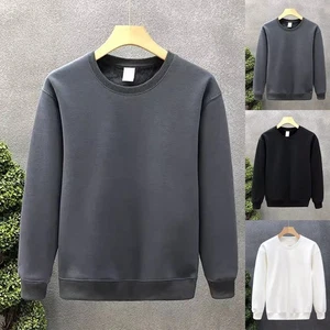 Basic Tee Mens Sweatshirt Solid Color Fleece Lining Thickened Fabric Round Neck - Picture 1 of 14