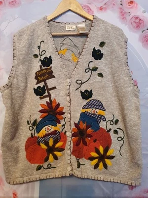 Bobbie Brooks Woman 22W/24W Pumpkin Patch Fall Sweater Vest Scarecrow Embroidery - Image 1 of 4