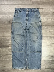VTG 00s Carhartt B73 DST Light Blue Denim Double Knee Carpenter Jeans 34x32 - Picture 1 of 6