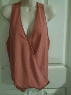 Lily White Faux Wrap size Large L Surplice Top Racerback Hi Low Crepe Dusty Rose - Image 1 of 4
