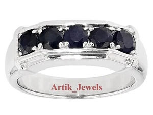 Heated Blue Sapphire Gemstone With 14K White Gold Plated Silver Men's Ring #932 - Picture 1 of 11