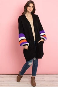 Black Open Front Cable Knit Cardigan Size Medium Balloon Sleeve Colorblock - Picture 1 of 2