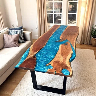 Live Edge Blue Epoxy Resin Dining Table Top Handmade Arts Rectangle Office Desk - Image 1 of 4