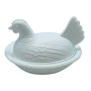 "Jarro de canasta vintage de vidrio de leche blanca gallina sentada en nido Pascua LEER 7" - Imagen 1 de 6