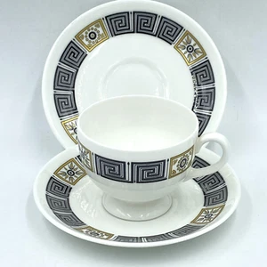 Wedgwood Asia 1 Teacup Coffee Cup 2 Saucers Greek Key Black Gold Bone China DH - Picture 1 of 7
