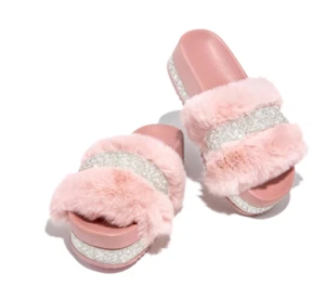Designer Women Fur Rhinestone Slippers Luxury Platform Wedges Heel Solid Fluffy - Picture 1 of 15