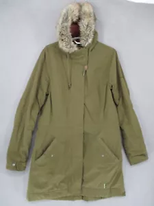 Kathmandu Jacket Womens 10 Green Creede Parka Hooded Zip Snap Insulated Coat Fur - Picture 1 of 23