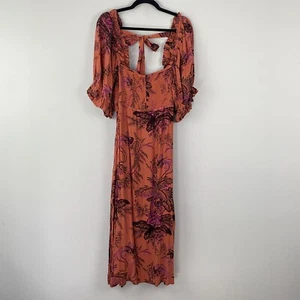 Anthropologie Puff-Sleeved Midi Dress Size 1X Floral Ruffle Pink Orange - Picture 1 of 10