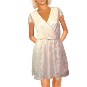 Delicato abito vintage look pizzo effetto avvolgente mini abito vestito blush nuovo taglia 36 38 - Foto 1 di 4