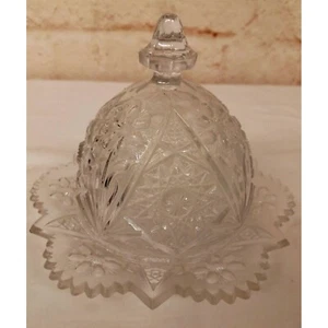 VIntage Domed Lid Round Covered Butter Cheese Dish Plate Clear Cut Glass - Picture 1 of 4
