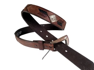 Nocona Western Genuine Leather Brown Belt Silver Buckle Embellishments Sz 28 - Picture 1 of 8