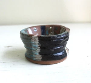Studio Art Pottery Student Mini Pinch Pot Bowl Wheel Thrown Striped Glossy Glaze - Picture 1 of 7