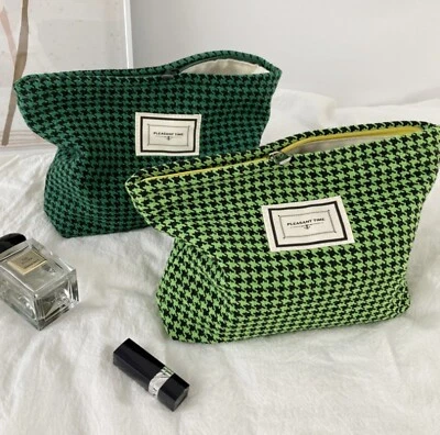 Bolsa de cosméticos de viaje con cremallera de algodón con patrón de pata de gallo cómoda bolsa de maquillaje Foto 1 de 4