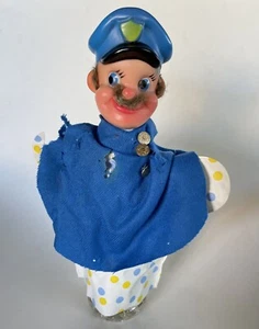 Schnurrbart POLIZIST HANDPUPPE Vintage 1962 MY TOY Company GOLD Knopf BLAU Cape - Bild 1 von 6