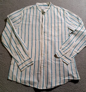 Onia Men`s Blue & White Striped Linen Blend Button Up Long Sleeve Shirt / Size M - Picture 1 of 9