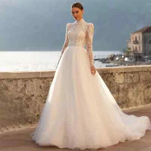 Luxur Wedding Dress High Collar Beautiful Mermaid Long Sleeve Sexy Lace Applique - Picture 1 of 12