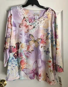 ALFRED DUNNER Women's Garden Party Three Quarter Sleeve Butterfly Top $64 1X - Picture 1 of 8