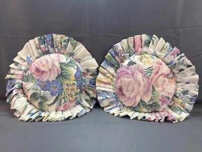 2 70s VTG Floral Round Ruffle Throw Pillows 16”x16” Inch - Image 1 of 4