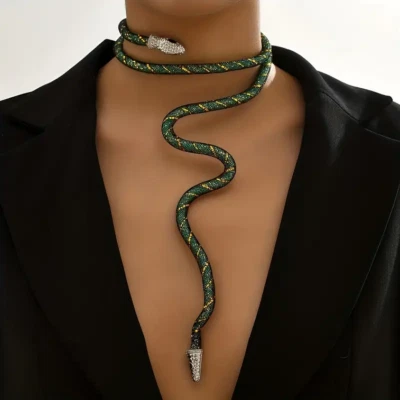 Collana Gioielli Regolabile Serpente Strass Collare Braccialetto Verde/Nero - Immagine 1 di 4