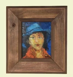 60s 70s Woman with Blue Hat Portrait, Oil Painting on Wooden Board, Original! - Picture 1 of 5